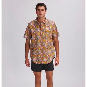Stoic Mens XXL Mushroom Print Short Sleeve Button Down Shirt Grey Pink Orange